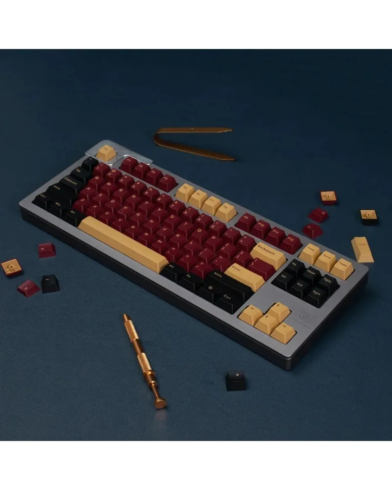 

deep red gold and black two tone pbt keycaps set durable high quality for custom mechanical keyboards