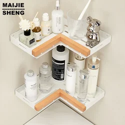 Wall Mounted Bathroom Shelf, Corner Space, Aluminum Wood, Triangle Basket, Shower Room Storage Rack