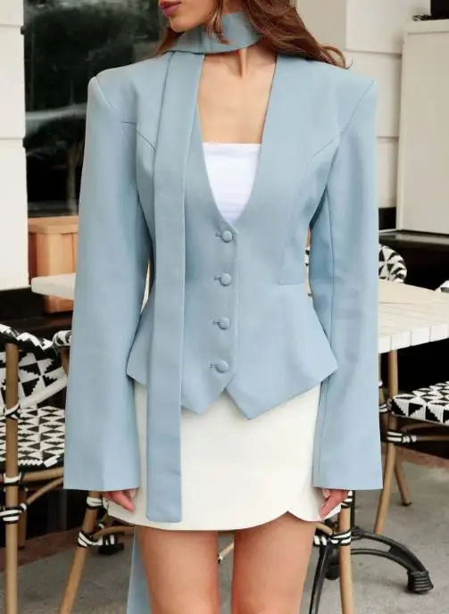 

Fashionable Solid Color V-Neck Scarf Decoration Long Sleeved Casual Suit Jacket, Elegant Women's Temperament Commuting Jacket