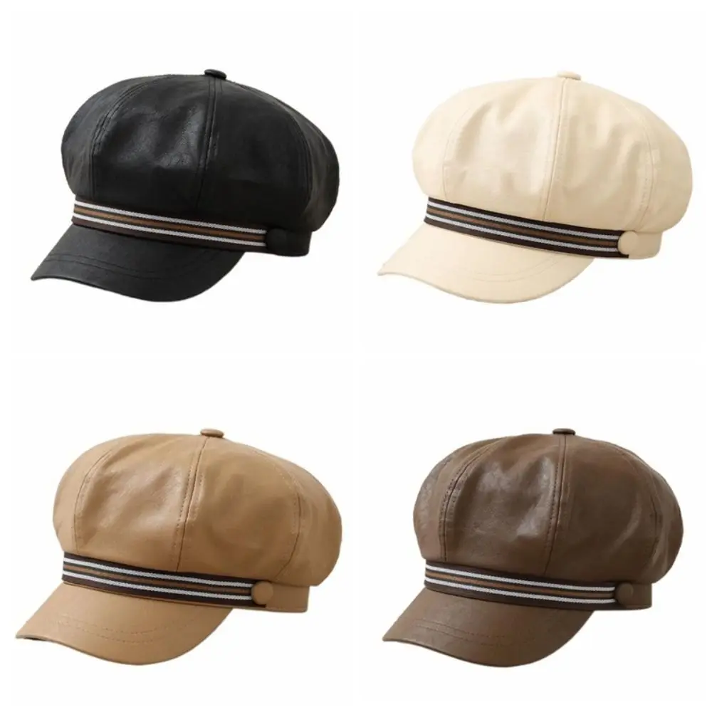 หมวกเบเร่ต์หนัง PU ลายทางลำลอง กันลม สไตล์อังกฤษ ทรงแปดเหลี่ยม หมวกสไตล์เกาหลีอบอุ่น หมวกจิตรกรสำหรับสุภาพสตรี