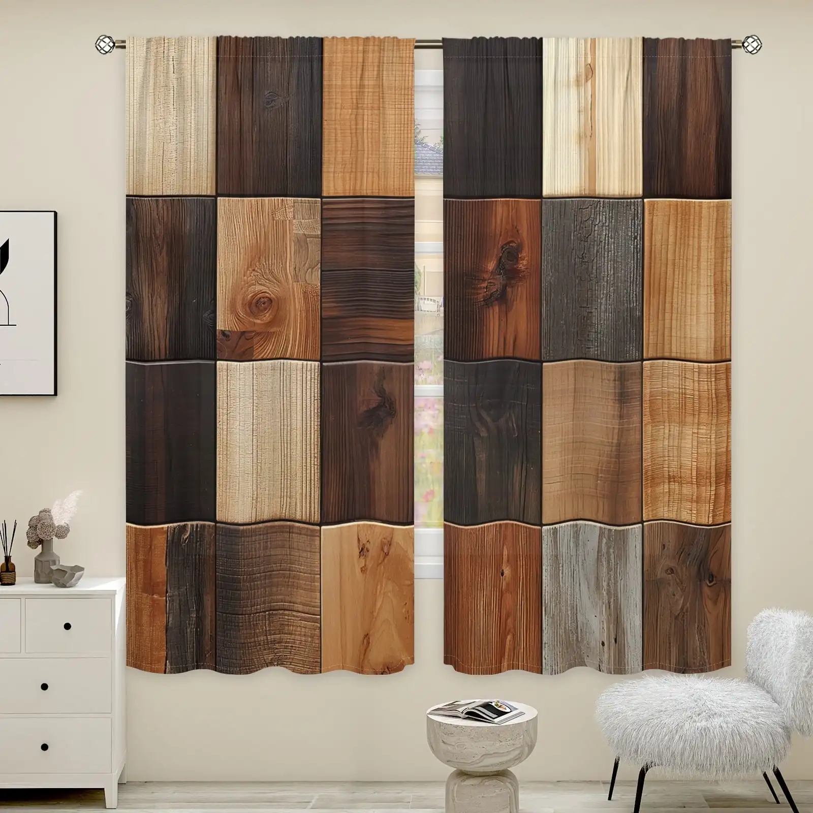 2pcs Curtains Peach Skin Polyester Farm Style Wooden Board Wood Grain Patchwork Light Filtering Bedroom Living Room Decor