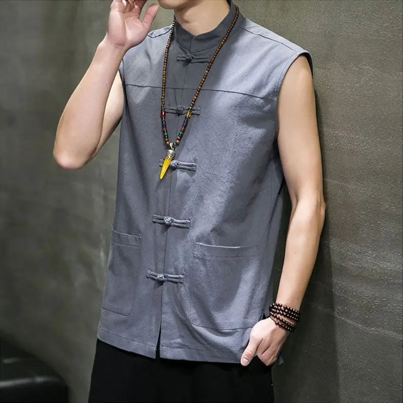 Men's Traditional Chinese Style Vest Sleeveless Shirt Loose Frog Button Mandarin Collar Open Front Plus Size Ancient Hanfu Top