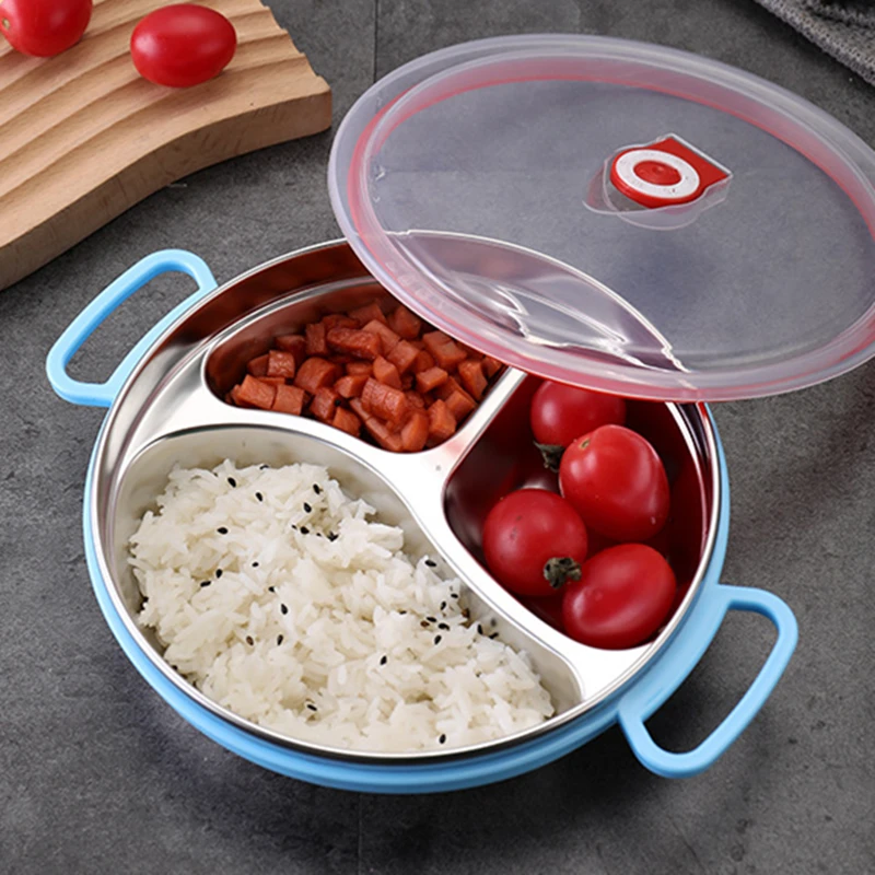 304 Stainless Steel Divided Dinner Tray Children Student Lunch Box with Cover Durable Double Ear Food Storage Plates