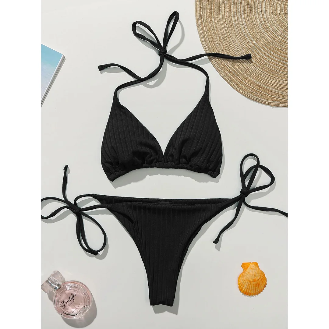 Neuer, verführerischer, gerippter Bikini mit Halterneck und String-Schnitt, Damen-Badeanzug, zweiteiliges Bikini-Set, gepolsterter Badeanzug, Badebekleidung, Modell V2971. – Detail 24