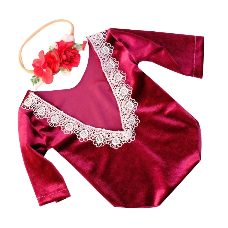 Newborn Photo Props Flower Headband Backless Jumpsuit Posing Clothes Baby Photography Suit Princess Dress Infant Costume