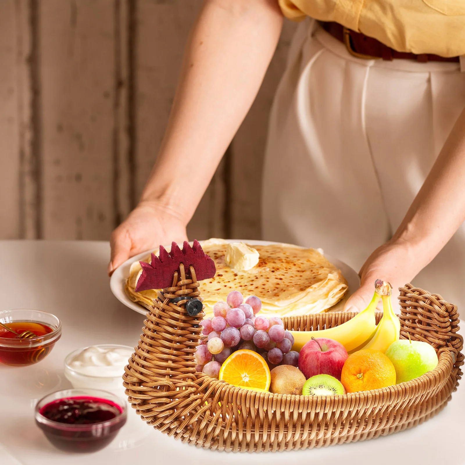 

Rattan Woven Storage Basket Large Baskets Wicker Bread Fruit Brown Cane Handles Kitchen Egg Holder Fruits Snacks Party Home