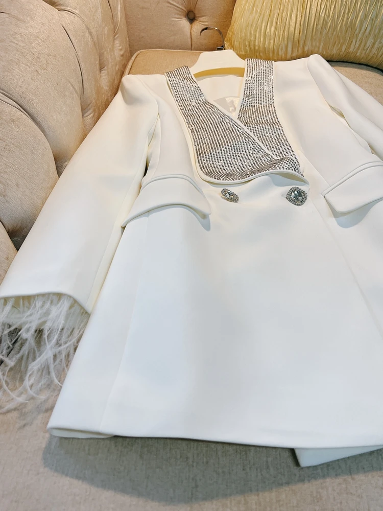 

Ele White Embellied Heavy Du на заказ Jaet с воротником-стойкой и манжетами из перьев, облегающей талией, осенне-зимней женской...