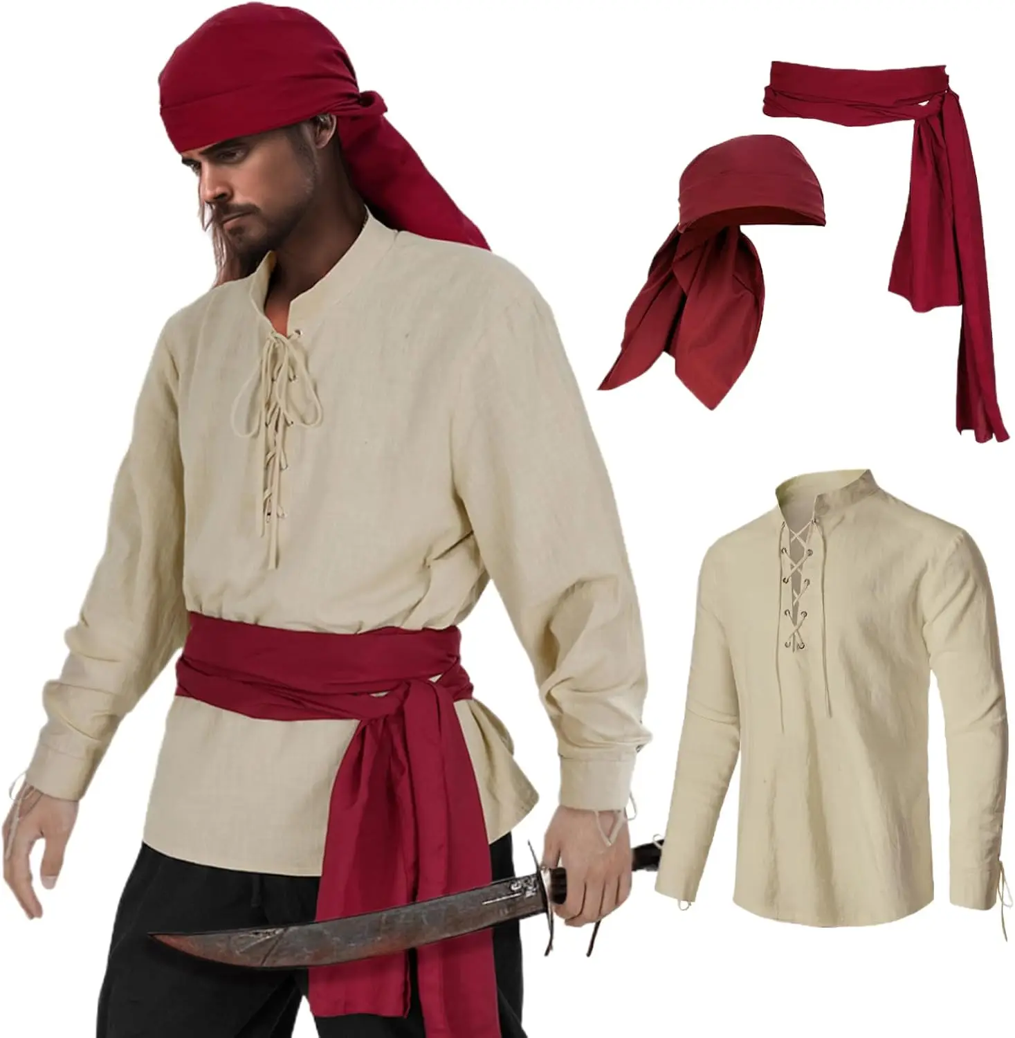 Conjunto de Disfraz de Pirata para Hombre de 3 Piezas, Camisa de Pirata Renacentista, Disfraz Medieval Vikingo - AliExprs 200000532