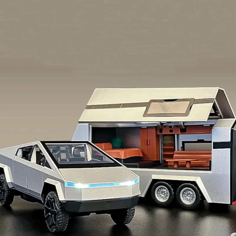 Hot  Toys Tesla Cybertruck Pickup Rv Trailer With Motorcycle Diecast Metal Model Toy Vehicle Sound  Light  Kids Boys Collection