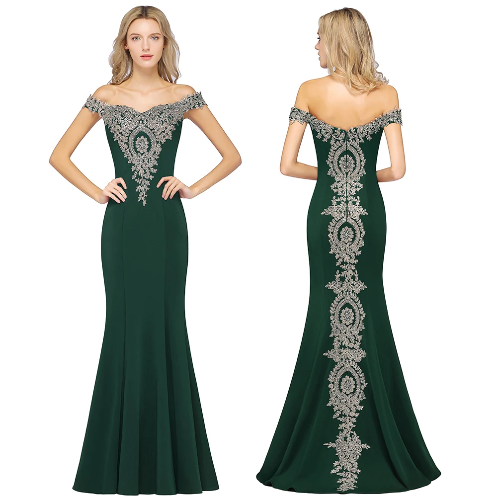 

Evening Party Dress For Women Elegant Mermaid Green Prom Gown Vestido Appliques Sexy Off The Shoulder Maxi Robe De Soiree