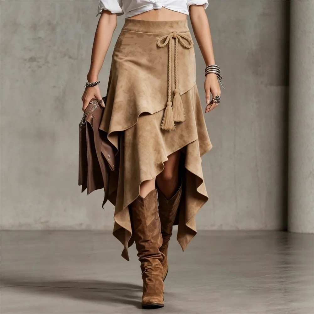 Irregular Tassel Deerskin Velvet Skirt Summer Women's Casual Solid Color Rope Tie Retro Western Mid-length Skirt Roupas Feminina