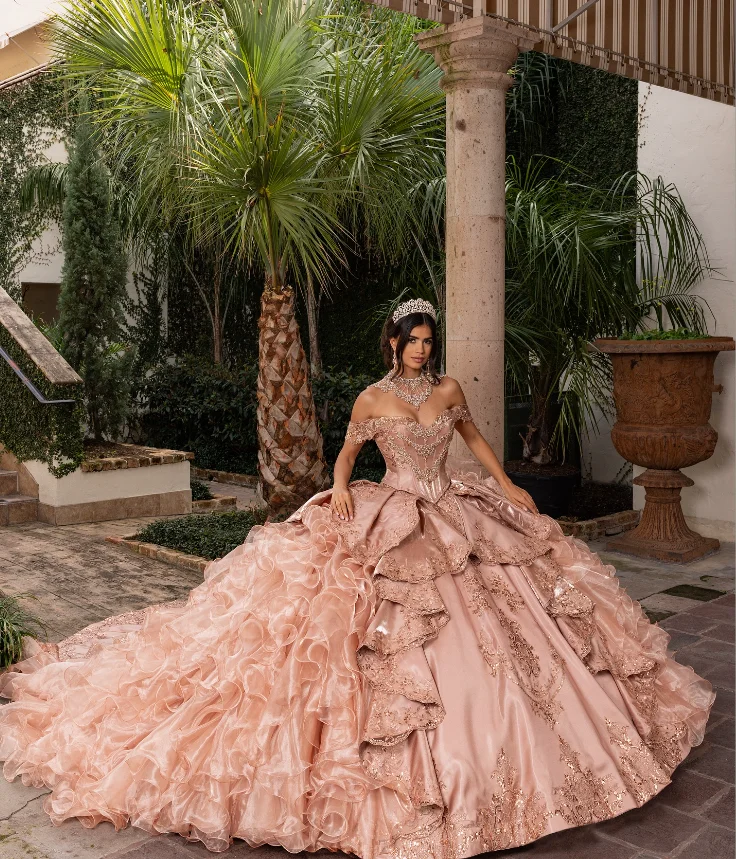 

Rose Pink Sparkly Princess Quinceanera Dresses Off Shoulder Customsized Gillter Corset vestido de 15 quinceañera applique