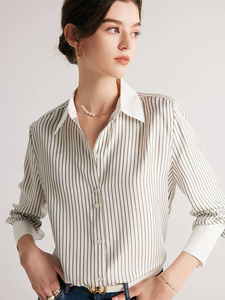 SuyaDream Women Striped Shirts 100%Mulberry Silk Single Breasted Chic Blouses 2023 Spring Summer Silk Top White