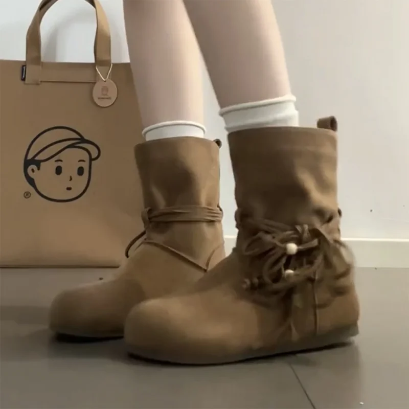 

Soft Leather American Style Lazy Short Boots for Women Retro Style Round Toe Lace-up Height-increasing Slip-on Leather Boots