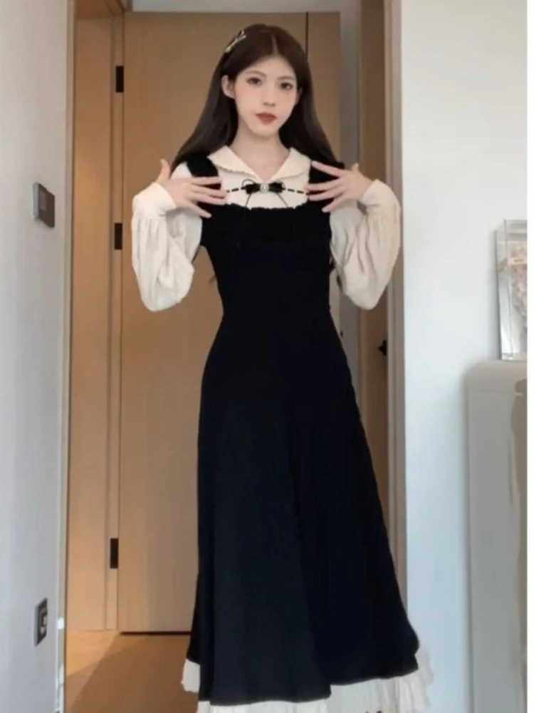 Vestido coreano de dos piezas de imitación de retazos suaves estilo Hepburn, vestidos adelgazantes que se ajustan a la cintura para mujer, nuevos trajes de moda de invierno 2025