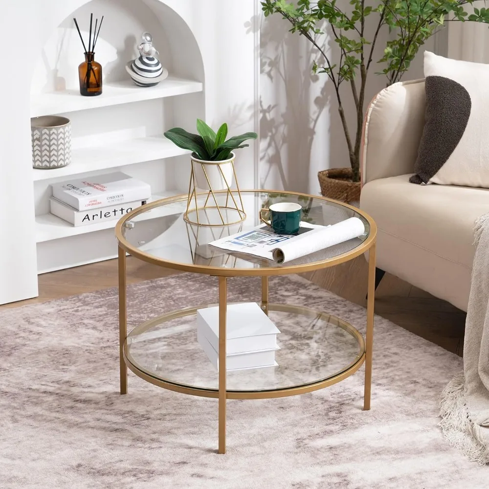 

25.6" Round Gold Coffee Tables for Living Room, 2-Tier Glass Top with Storage Clear Coffee,Simple & Center Table for Small Space