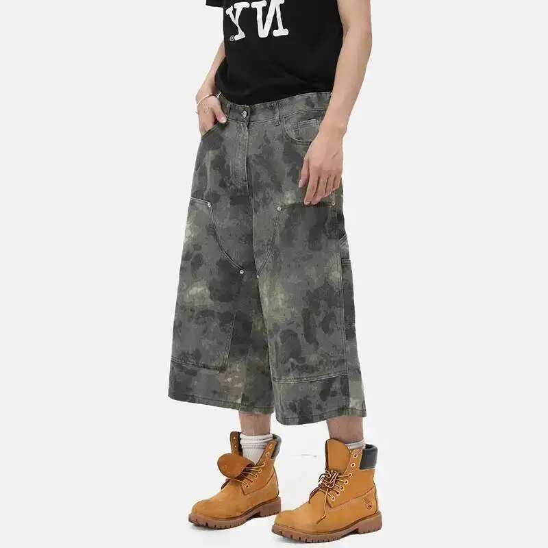 LUZHEN Pants Print Cargo Cropped Denim Vintage Men's Camouflage 2026 Summer Straight Pockets Decorate Casual Short Jeans JY7553