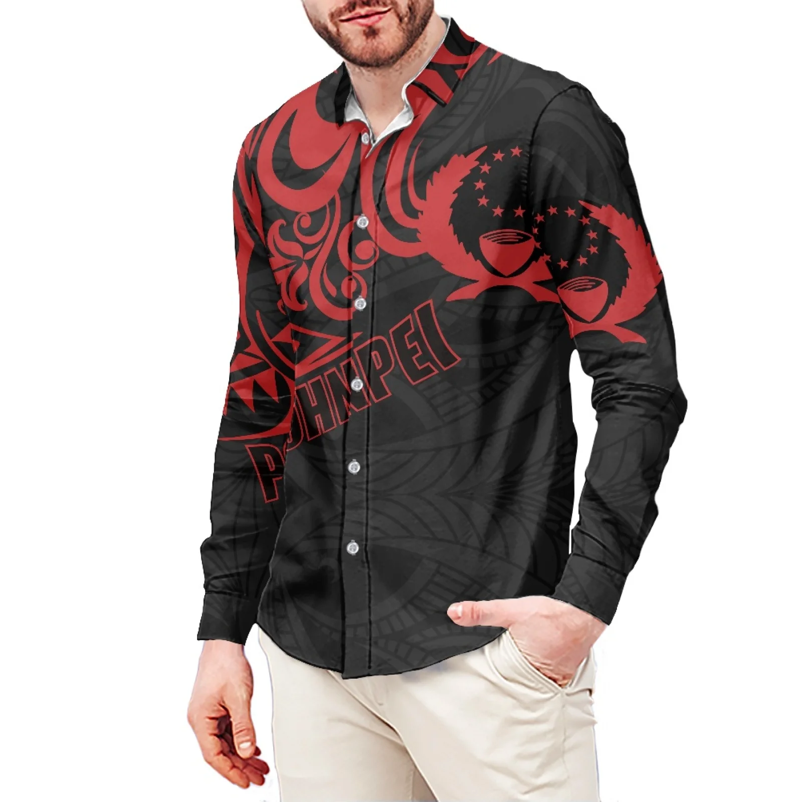 

Kosrae Totem Printed T-Shirt For Men Polynesian Style Men's Shirt Stand-Up Collar Shirt 6XL Slim Long Sleeve Men's Shirt