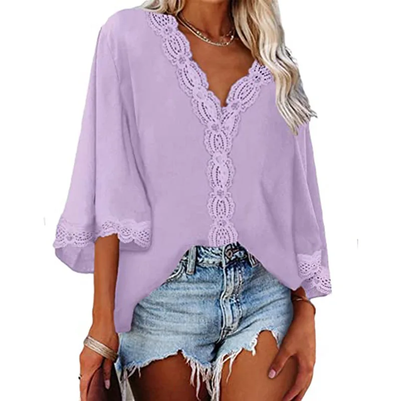T-shirt Women Summer Loose Flare Sleeve v-neck Lace Stitching Fashionable Solid Color women's Tshirts Dropshipping SLSM228