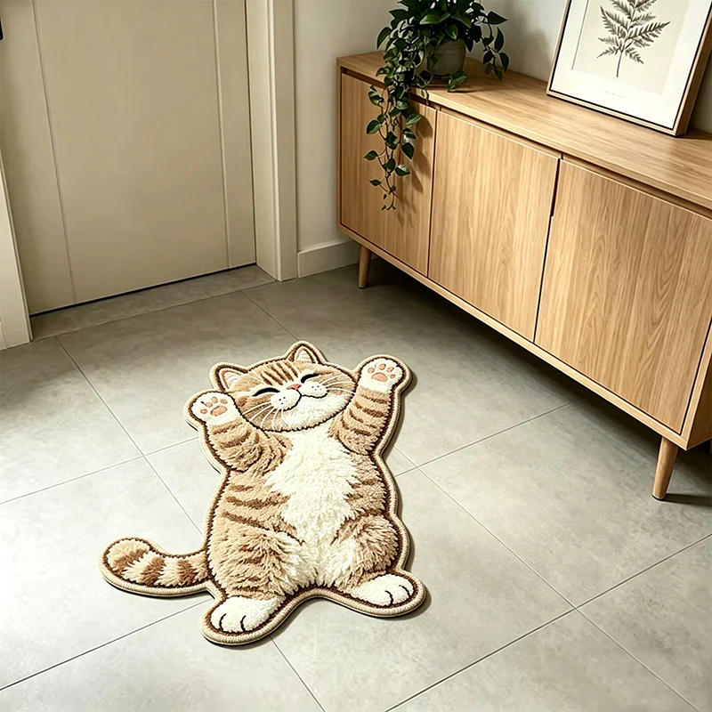 VIKAMA Funny Cat Leg Lift Pose L-Shaped Rug Novelty Shaggy Mat Non-Slip Doormat for Entryway Bathroom Home Decor