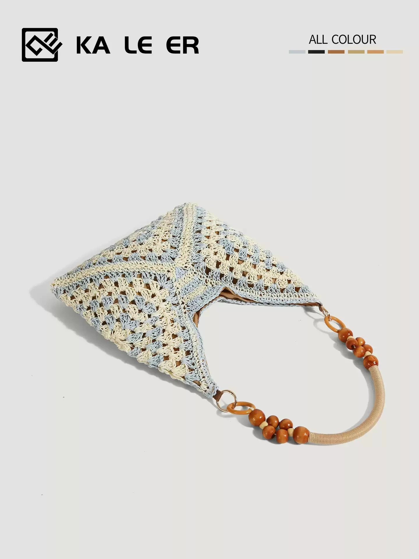 Women Large Woven Straw Tote Bag Hand Crochet Hollow Shoulder Bag With Wooden Bead Handle For Beach Travel