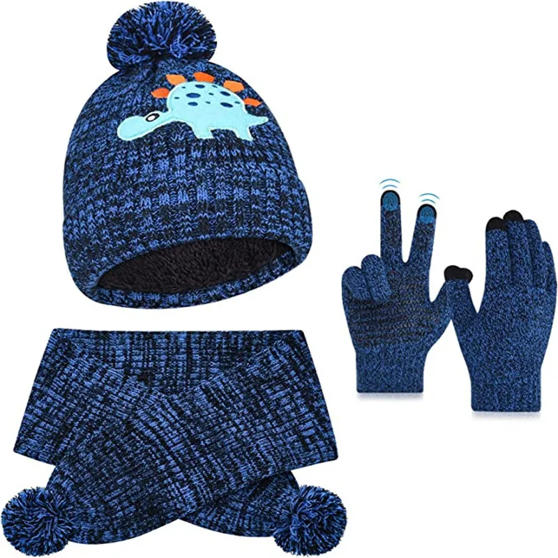 1-5Y Winter Thick Velve Warm Children Baby Knit Gloves Hat Scarf 3pcs Suit Outdoor Windproof Kids Muffler Cap Set for Boy Girl