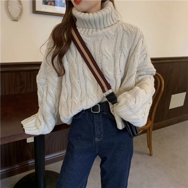 

Autumn Winter Vintage Solid Turtleneck Sweaters Fashion Simple Knitted Jumper Women Clothing Comfortable Warm Wool Pullovers