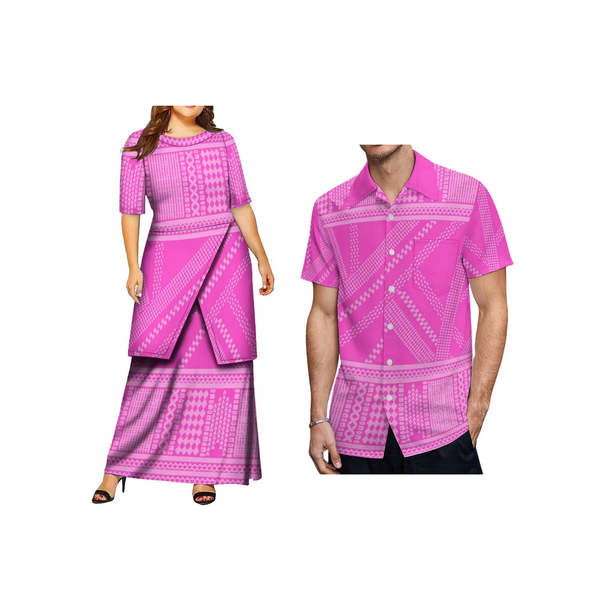 الجملة مخصص البولينيزية القبلية تصميم الأزواج مطابقة وتتسابق نصف كم فستان بوليتاسي والقمصان الرجالية