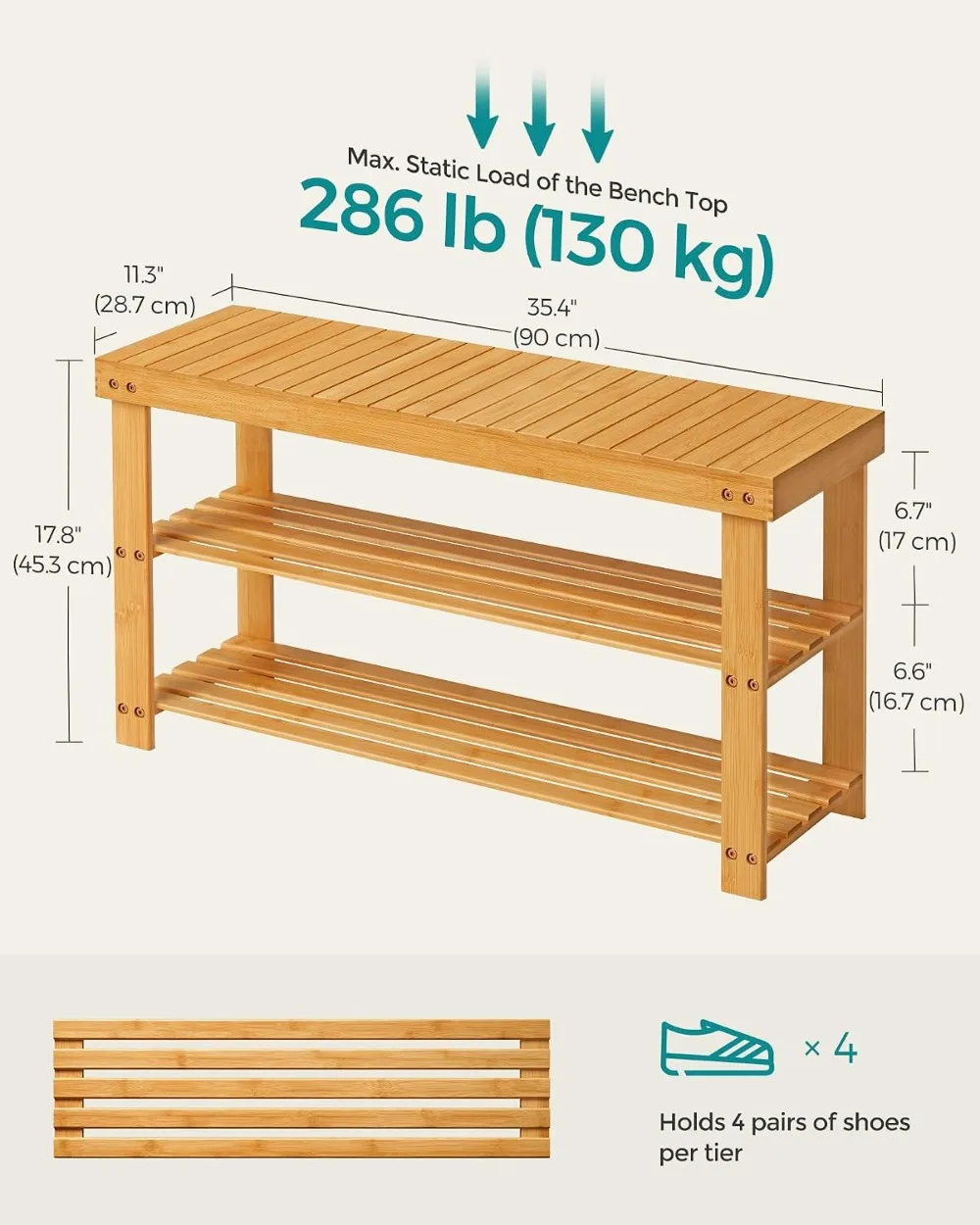 3-Tier Bamboo Shoe Rack Bench with Seat, 35.4 Inch Entryway Storage Organizer