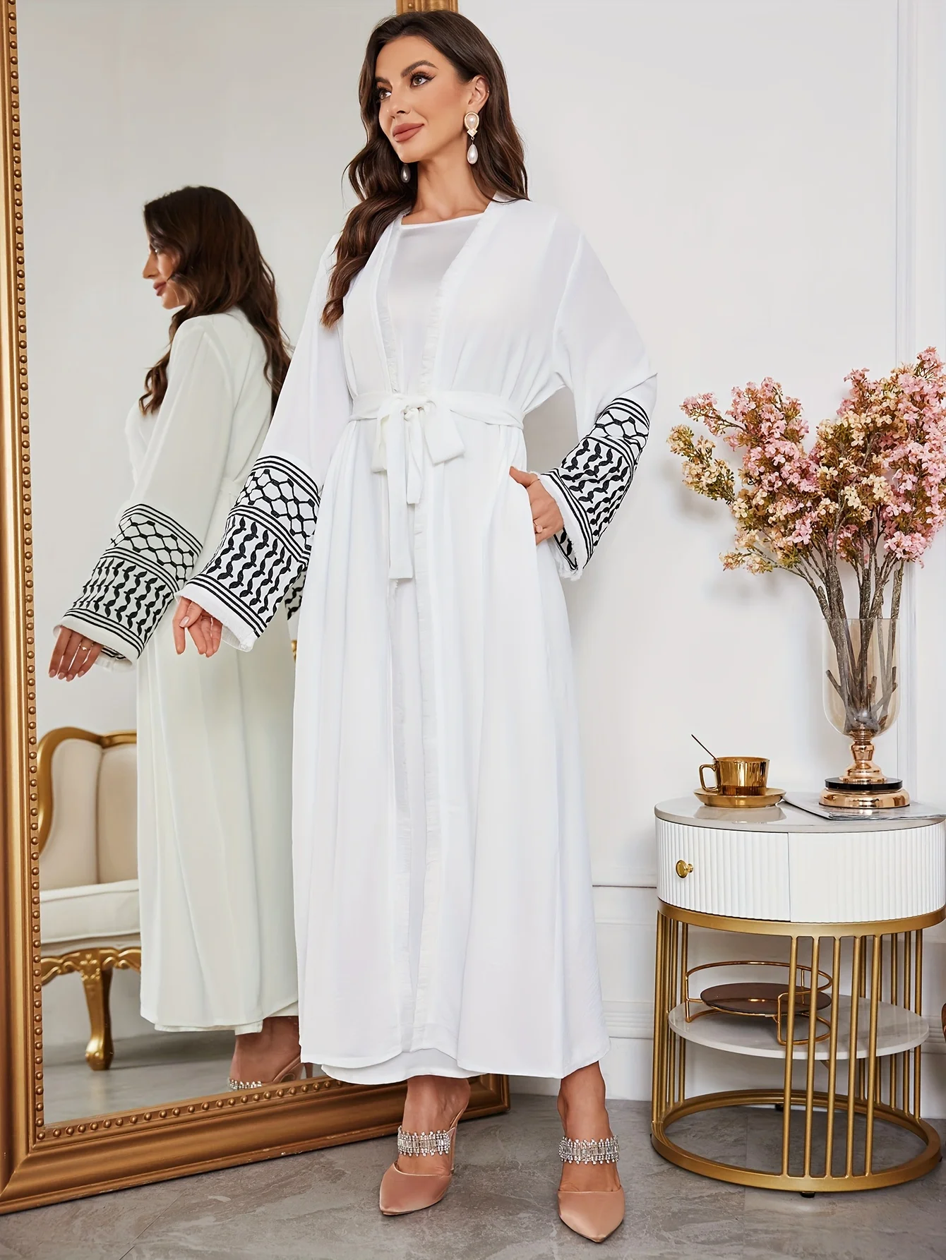 

Elegant Women White Abaya Middle East Geometric Embroidered Sleeves Belted Modest Ideal Ramadan Islamic Festivitie Dubai Style