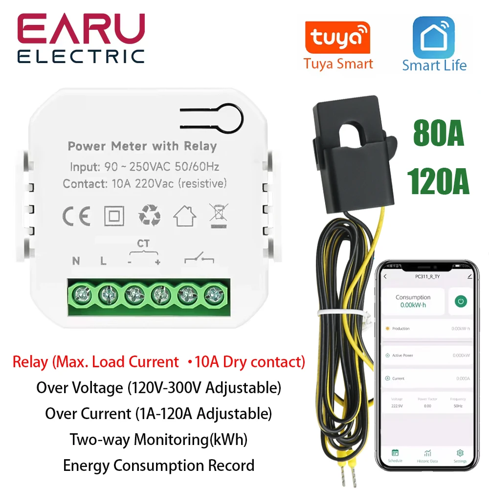 Tuya App Smart Two-way Bilateral WiFi Power Meter with Relay AC110V 220V with Clamp CT KWh Power Electricity Consumption Monitor