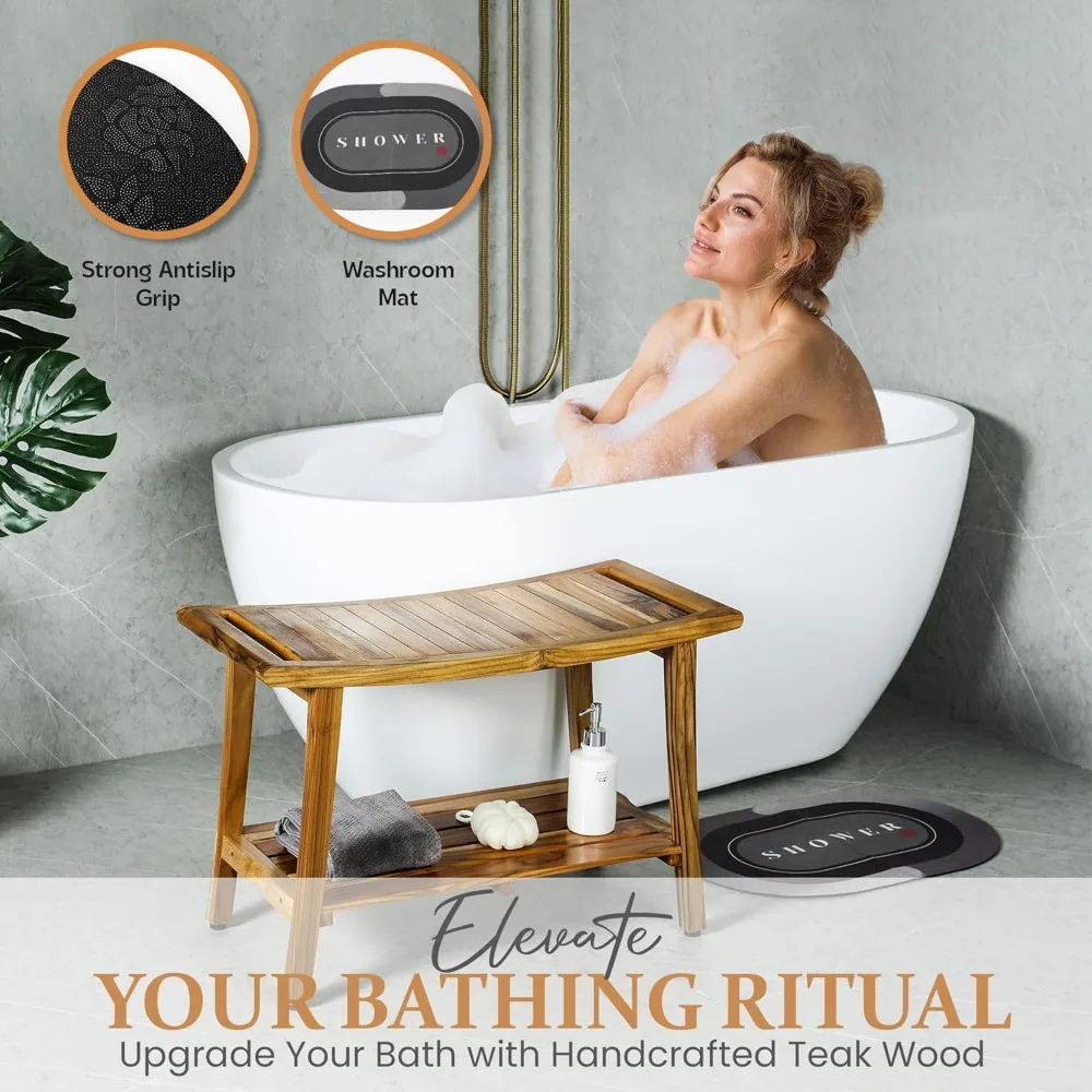 مقعد استحمام أنيق من خشب الساج مع رف مدمج ومقابض سهلة الإمساك