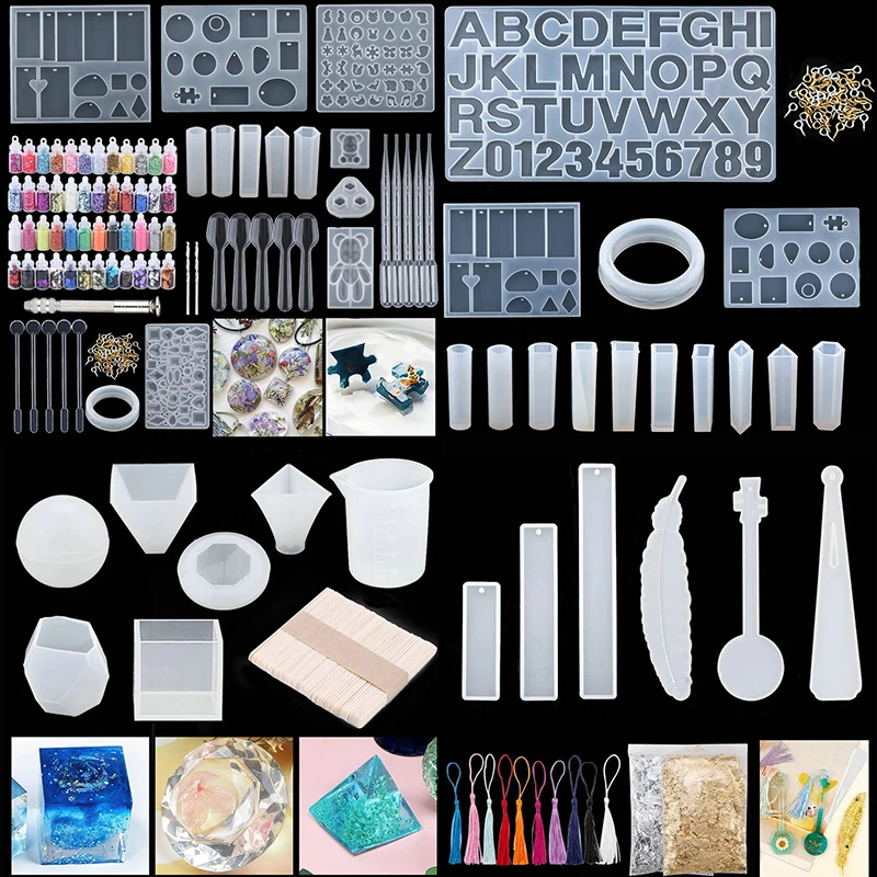 Resin Molds Silicone Kit with Epoxy Resin Supplies Dried Flowers Foil Flakes Necklace Cord Earring Hooks for DIY Jewelry Making