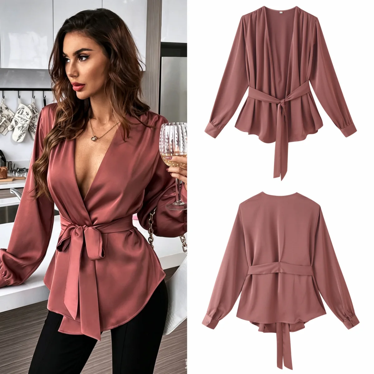 

Dave&di Versatile Solid Color Lace Up V-neck Long Sleeved Shirt Woman Clothes Shirts & Blouses Women's Clothes Shirts Tops