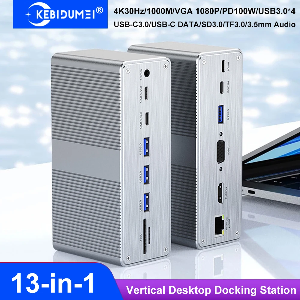 

13-in-1 Vertical Docking Station Desktop USB C Docking Station HDMI 4K/Gigabit Ethernet/VGA 1080P/PD100W/USB3.0 for PC Laptop