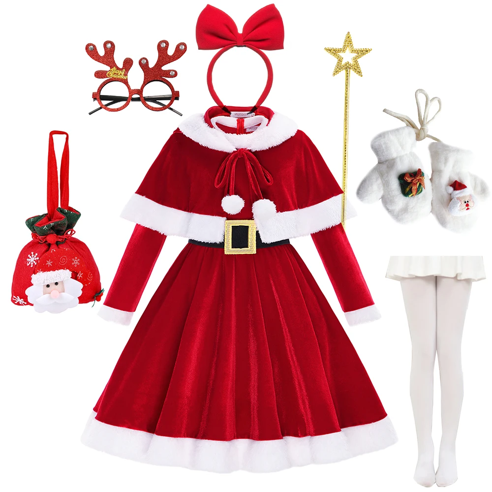 Christmas Dress Girl For Carnival Party 2 Piece Dress+Cloak Cute Bunny Ear Red Velvet Santa Claus Costume Long Sleeve Elk Xmas