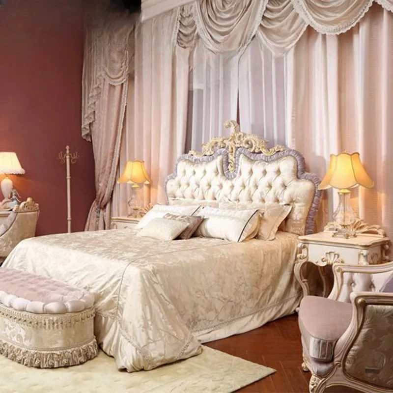 

European Cream Wind Court Villa Solid Wood Hand Carved Double Bed