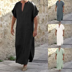 Men's Muslim Style New Mens Robe Simple Solid All-match Small V-neck Linen Jubba Thobe Comfortable Short Sleeve Robe