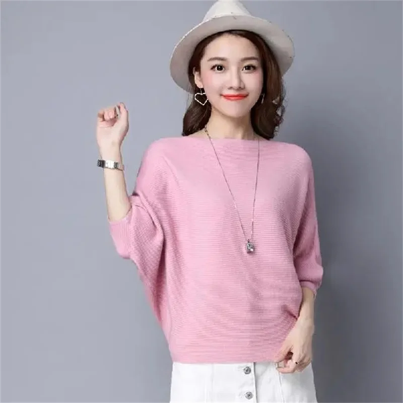 Elastic Pullover 2025 Spring and Autumn Popular Knitwear Women's Bat Sleeve Sweater Knitted Coat Loose Large Slash Neck Tidal