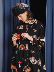 Spring Autumn Original Design Women Exquisite Owl Fox Fawn Rabbits Animals Illustration Print Black Cotton Shirt Dresses