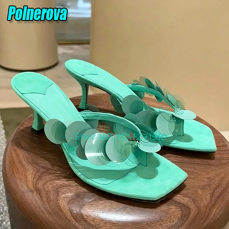 Summer New Sequin Decor Flip Flops French Mint Green Square Toe Suede High Heels Slippers Mules Sexy Elegant Women Beach Shoes