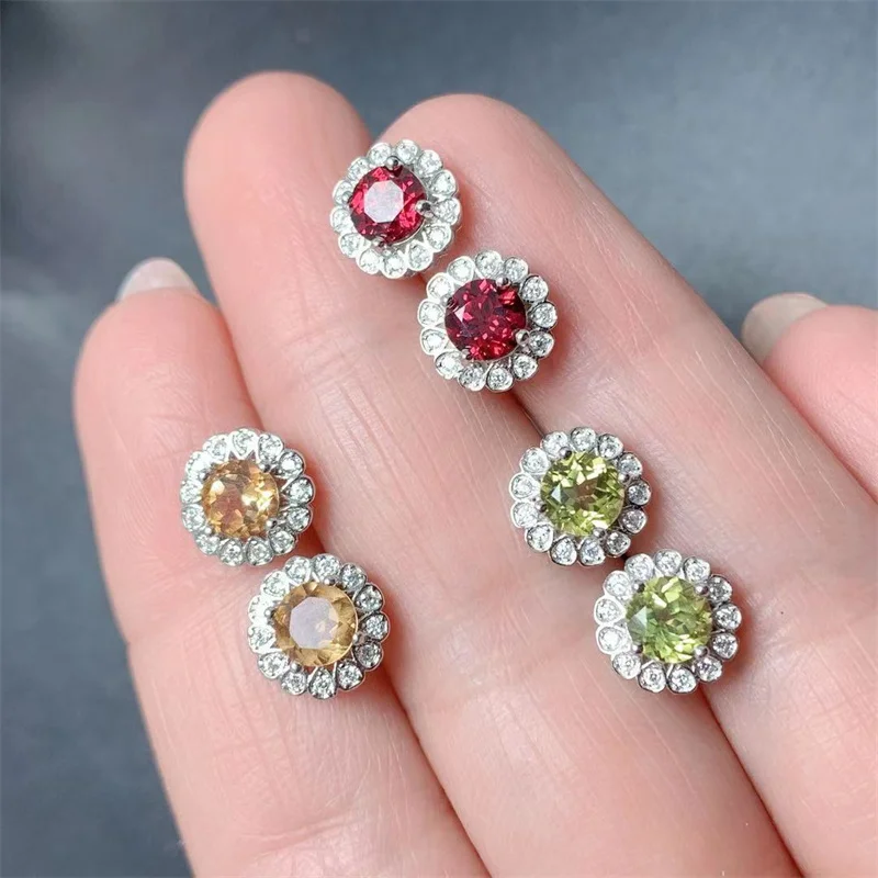 

Sunflower Natural Garnet Peridot Citrine Stud Earrings 925 Silver with Certificate