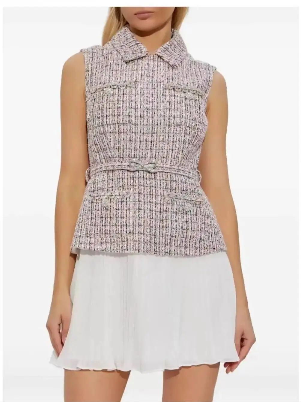 

Diamond Embroidery Women Pink Tweed Robe Turn-down Collar Sleeveless Party Ladies Mini Dress