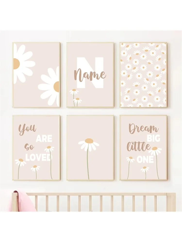 Rosa Poster Wildblume Gänseblümchen Leinwand Malerei Benutzerdefinierte Name Wand Kunstdruck Kindergarten Poster Nordic Wand Bilder Mädchen Zimmer Dekor