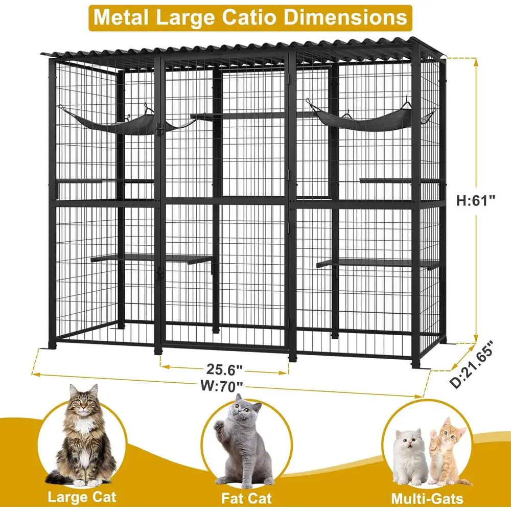 Outdoor Catio with Roof Metal Large Cat Enclosure with 5 Jumping Platforms and 2 Hammocks Cat Cage Enclosure for Cat Activity