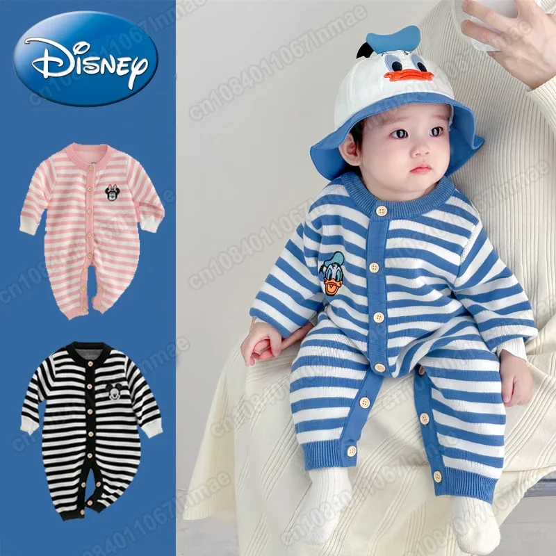 

Disney Anime Mickey Mouse Children's Jumpsuit Newborn Crawling Suit Autumn Winter Cotton Knitted Wool Long Sleeved Bodysuits