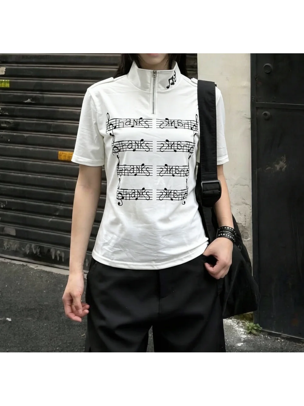 New Summer Retro Subcultural Punk Half Zipper Half High Collar Short Sleeve Top with Five Line Music Note Printing Street Trend