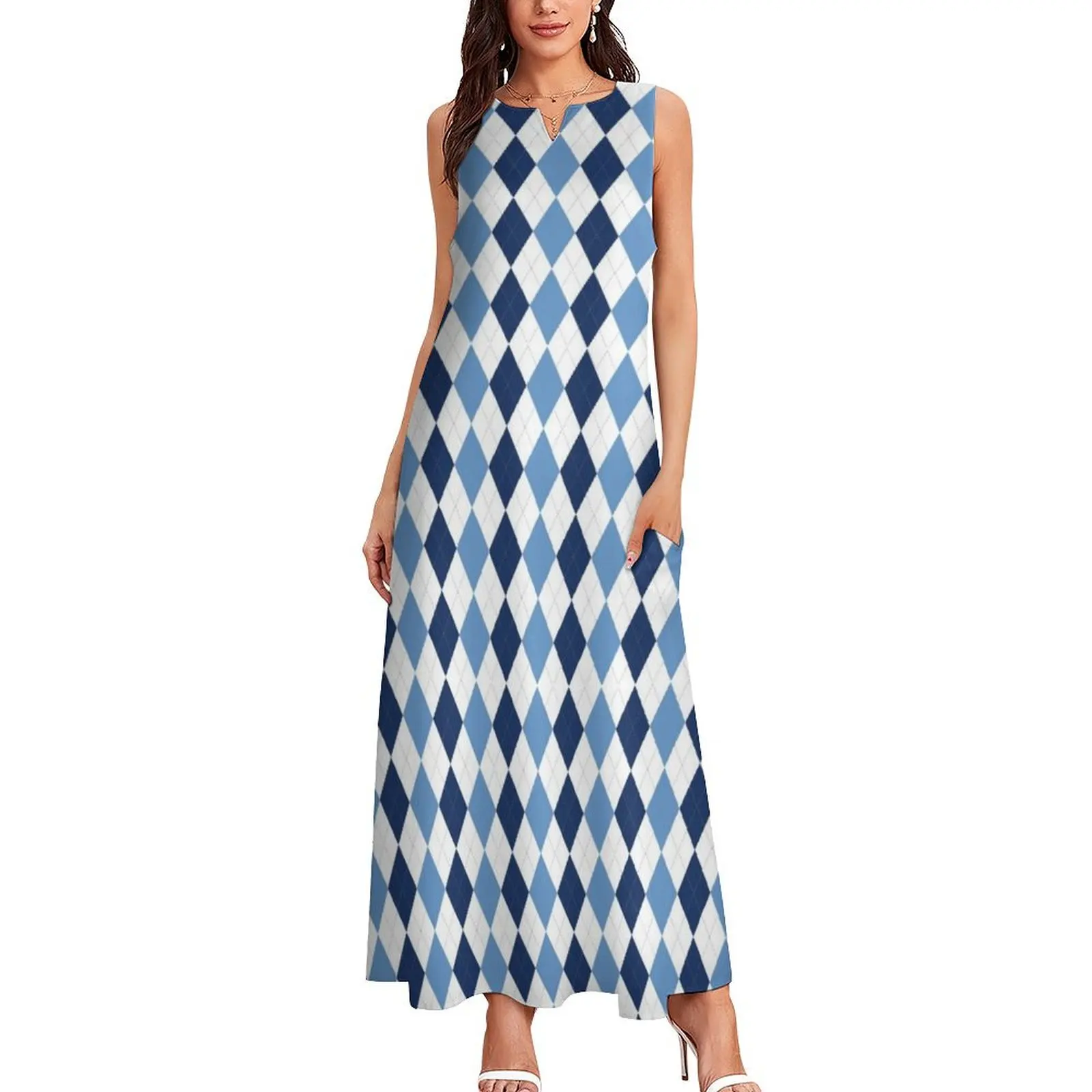 Navy/Carolina Argyle Long Dress long dress women evening dresses ladies women dress