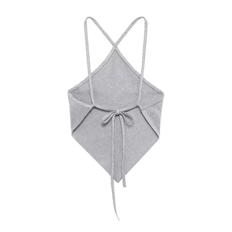 Willshela Women Fashion Grey Backless Lace Up Tops Vintage Thin Straps Halter Neck Female Chic Lady Crop Top