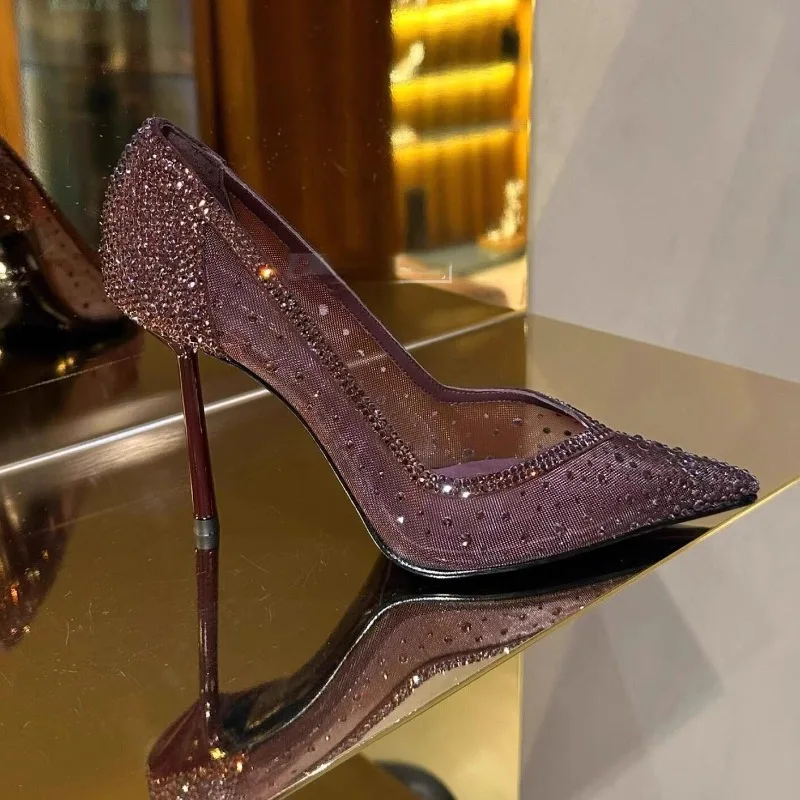 Französische elegante High Heels mit tiefem Ausschnitt, neue Frühjahrskollektion, spitze Zehenpartie, Strass-Mesh-Schuhe